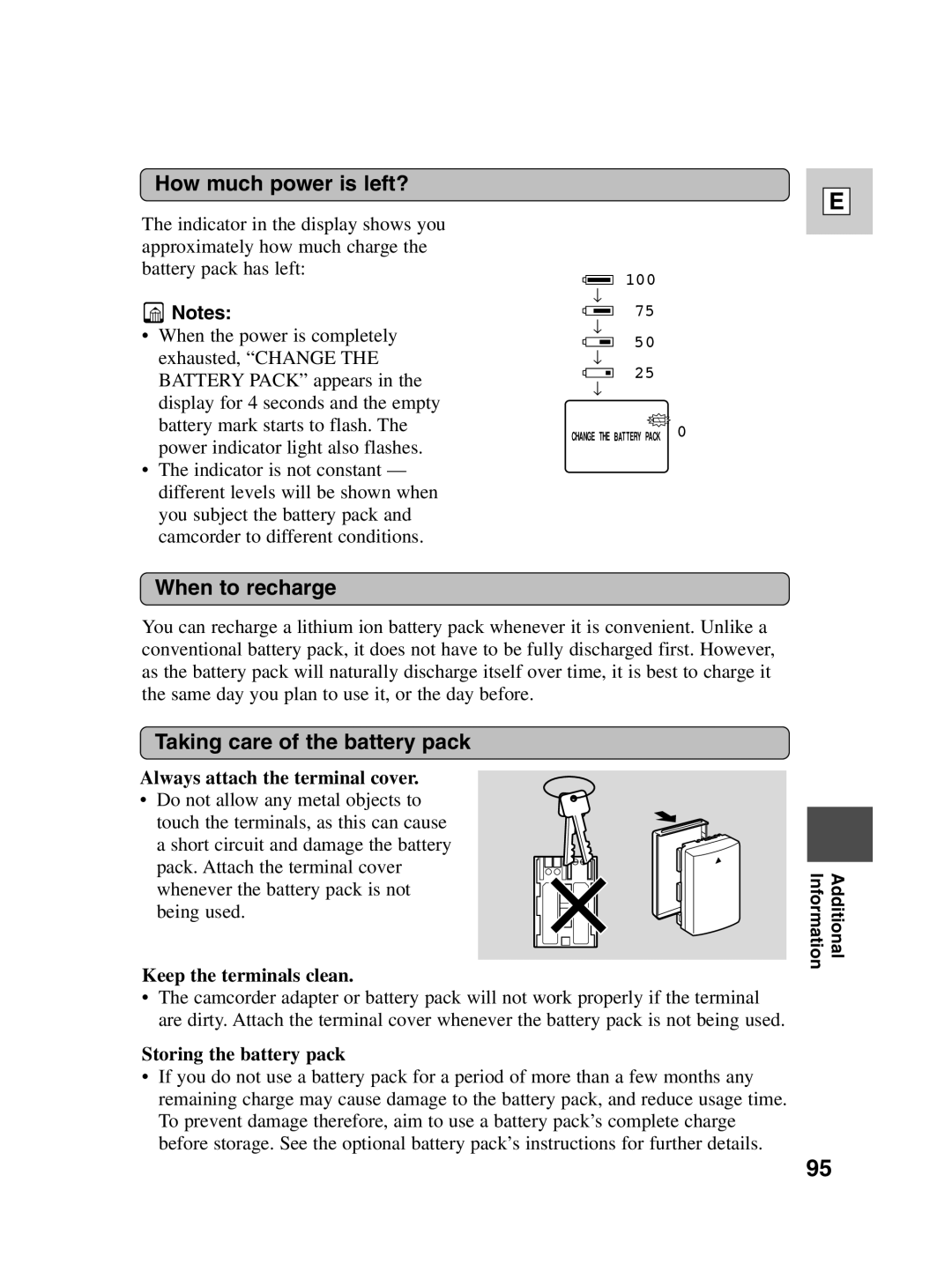 Canon ZR40 instruction manual How much power is left?, When to recharge, Taking care of the battery pack 