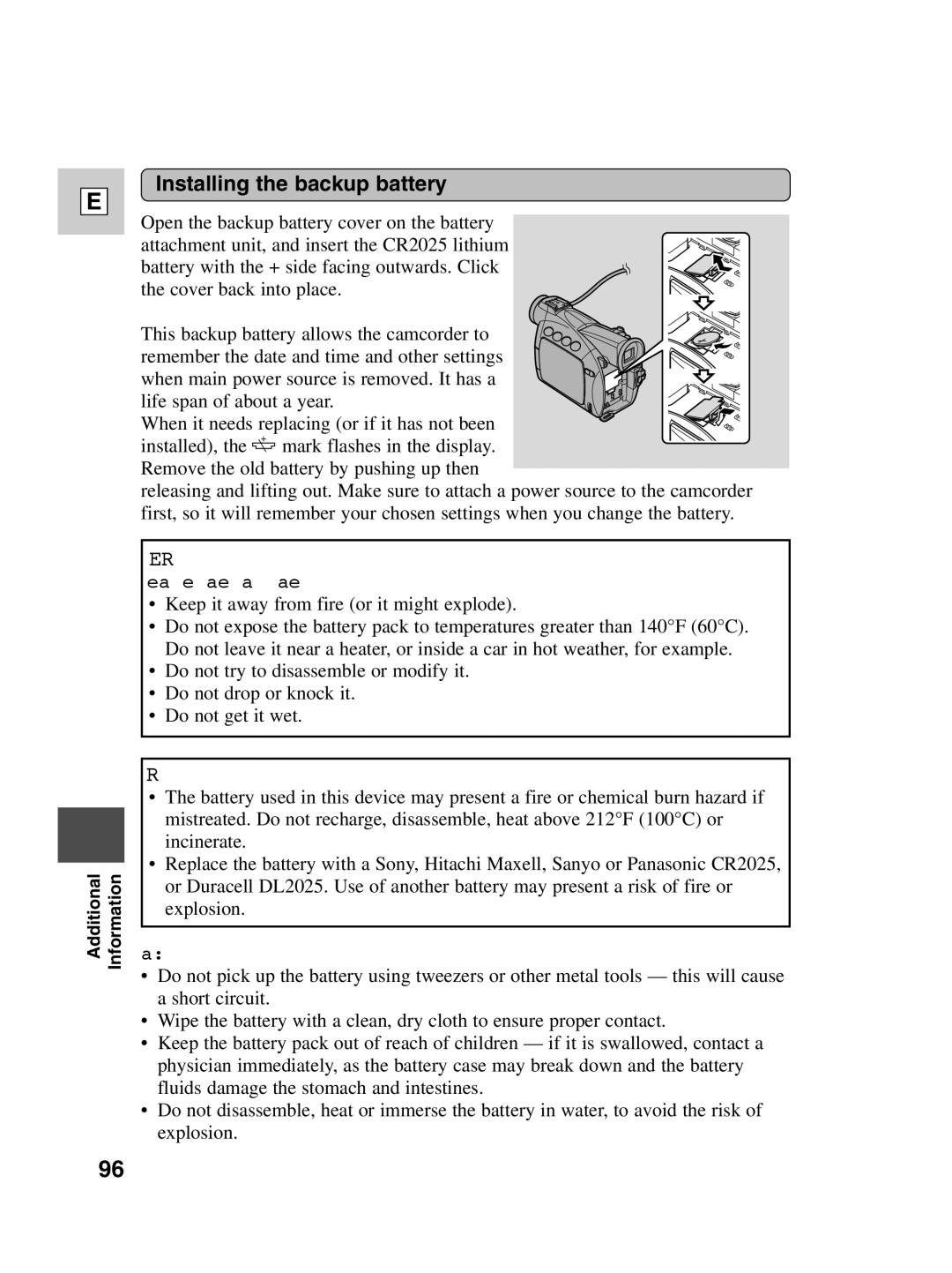 Canon ZR40 instruction manual Installing the backup battery, Treat the battery pack with care 