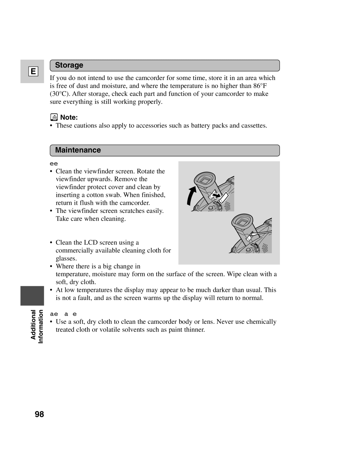 Canon ZR40 instruction manual Storage, Maintenance, Viewfinder, Camcorder body and lens 