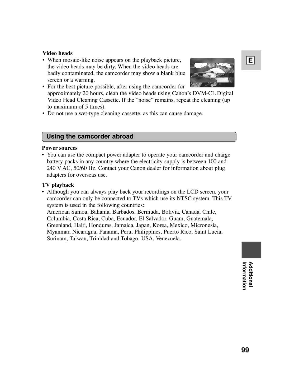 Canon ZR40 instruction manual Using the camcorder abroad, Video heads, Power sources, TV playback 