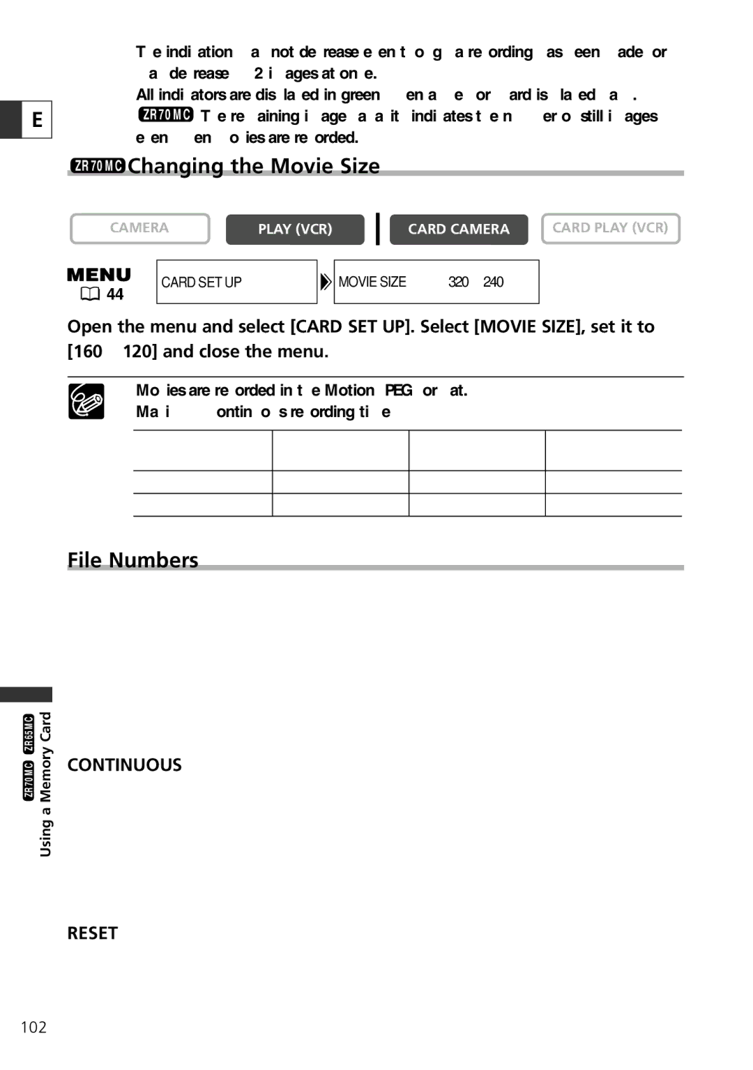 Canon ZR65 MC, ZR60 instruction manual ZR70 MC Changing the Movie Size, File Numbers 