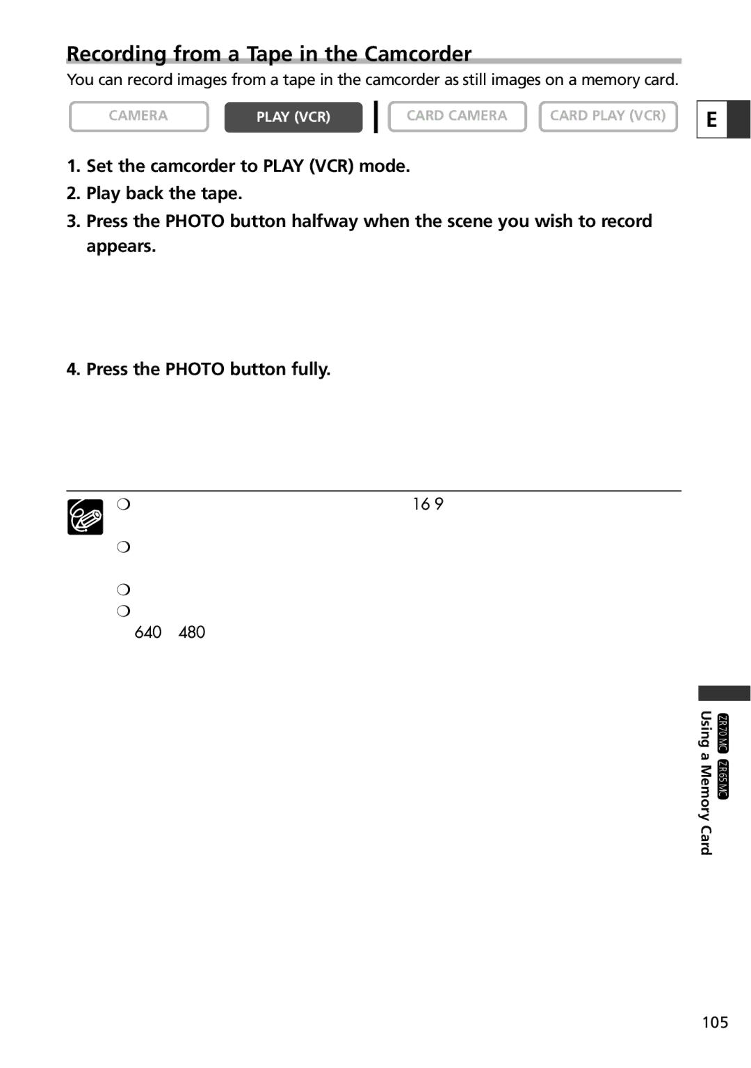 Canon ZR65 MC, ZR60, ZR70 MC instruction manual Recording from a Tape in the Camcorder 