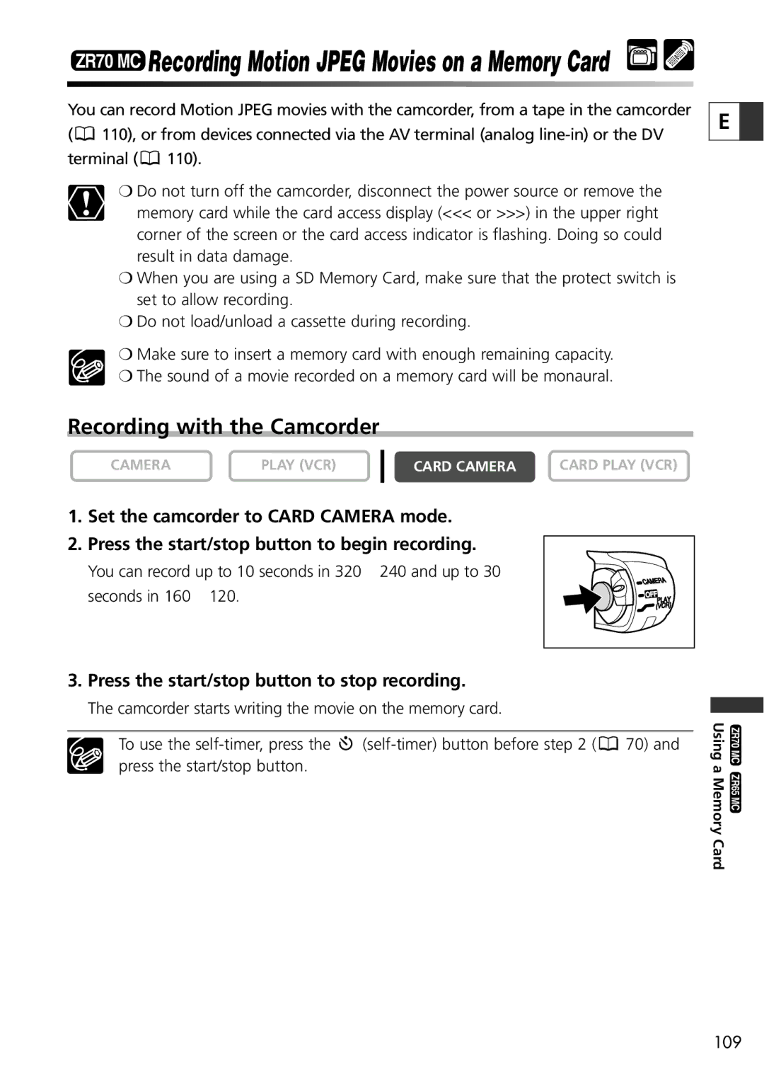 Canon ZR60, ZR65 MC instruction manual ZR70 MC Recording Motion Jpeg Movies on a Memory Card 