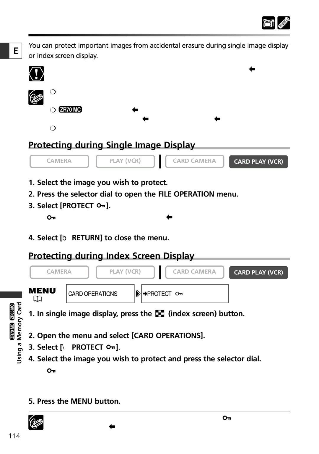 Canon ZR65 MC, ZR60 Protecting Images, Protecting during Single Image Display, Protecting during Index Screen Display 