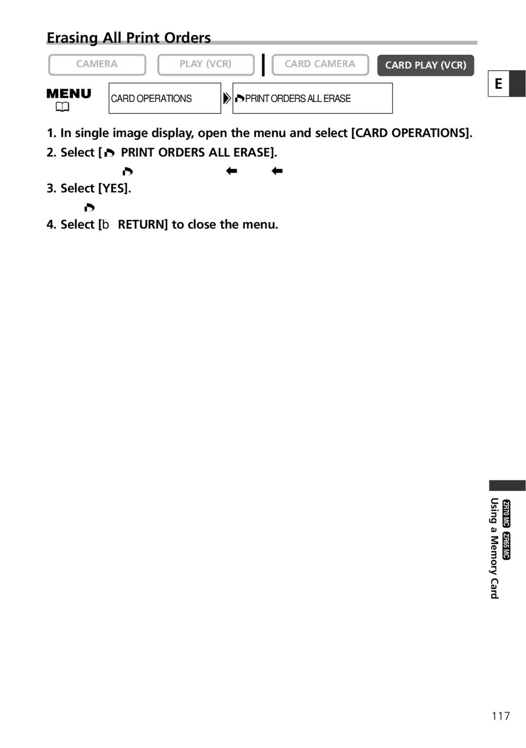 Canon ZR65 MC, ZR60, ZR70 MC instruction manual Erasing All Print Orders 