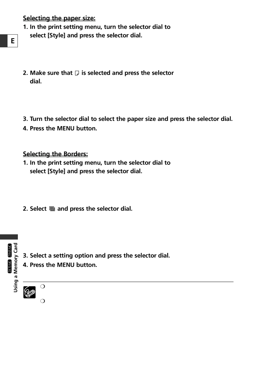 Canon ZR65 MC, ZR60, ZR70 MC instruction manual Selecting the paper size 