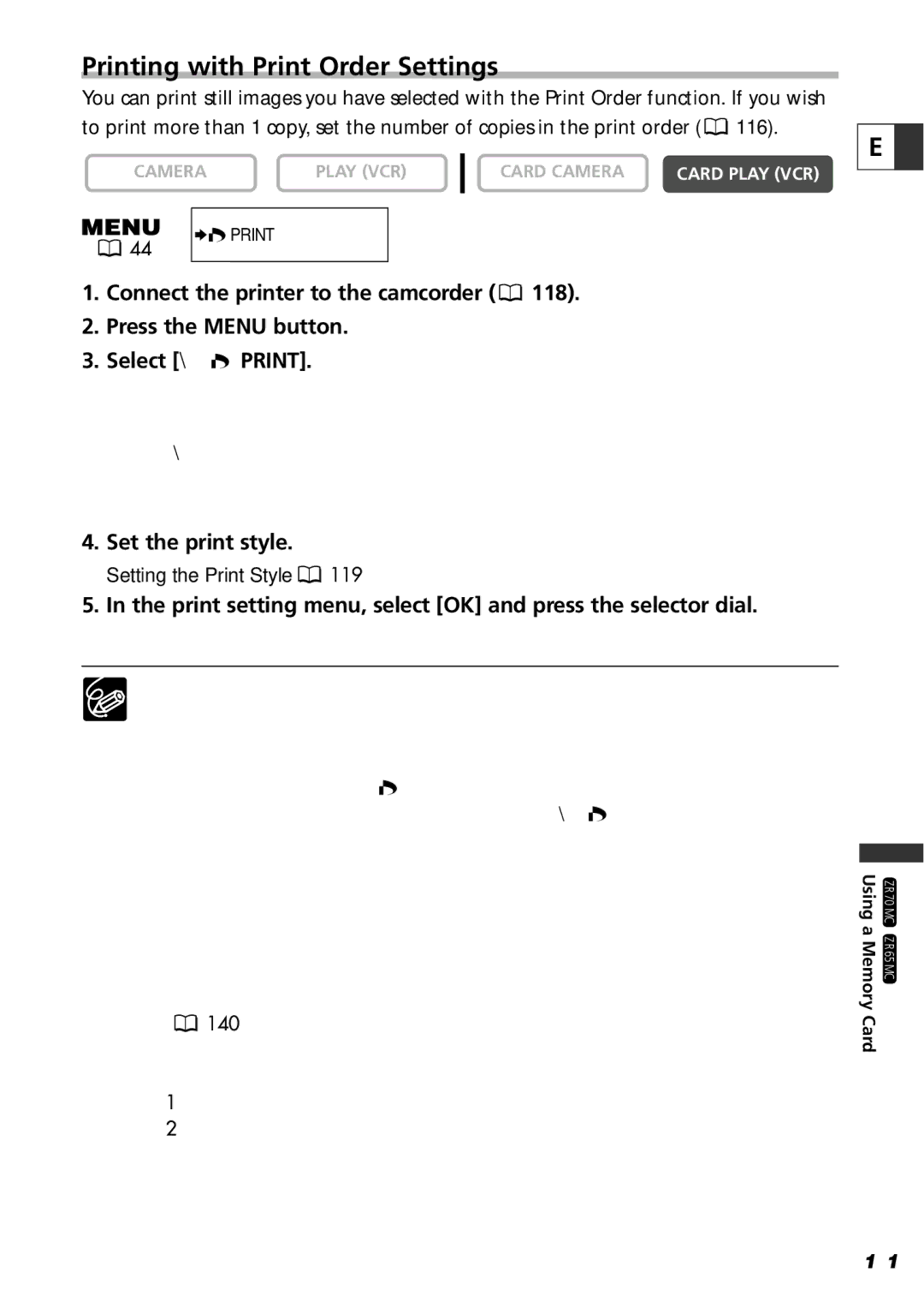 Canon ZR60, ZR65 MC, ZR70 MC instruction manual Printing with Print Order Settings, Set the print style 