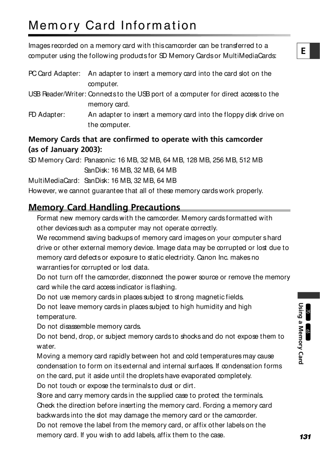 Canon ZR70 MC, ZR65 MC, ZR60 instruction manual Memory Card Information, Memory Card Handling Precautions 