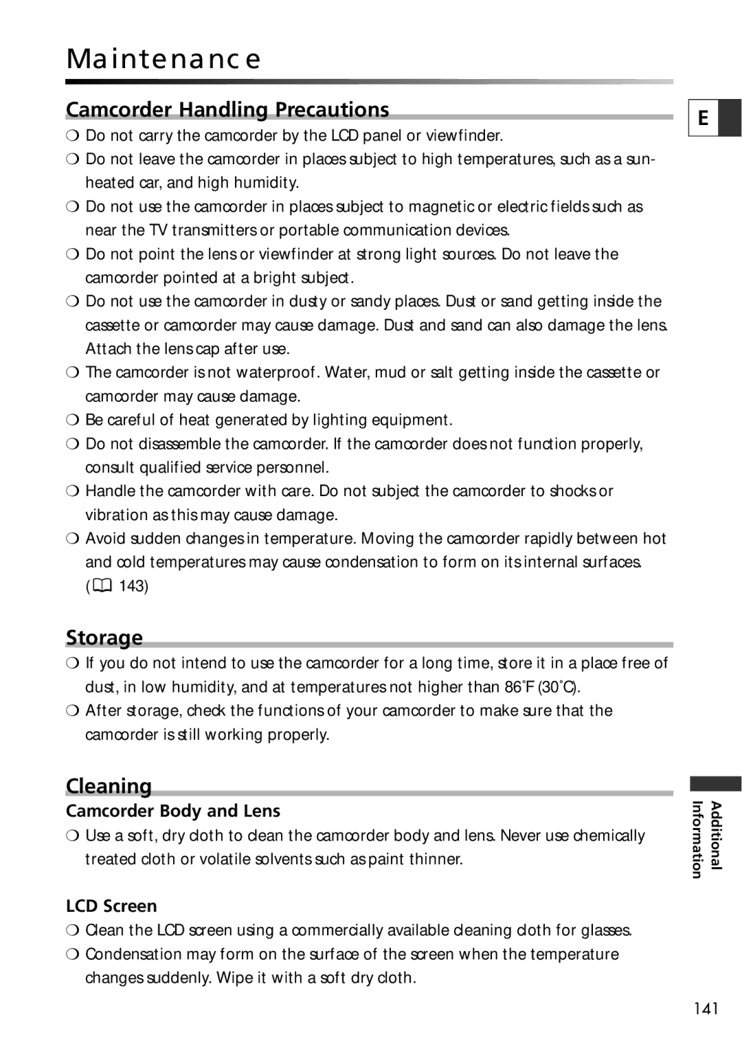 Canon ZR65 MC, ZR60, ZR70 MC instruction manual Maintenance, Camcorder Handling Precautions, Storage, Cleaning 