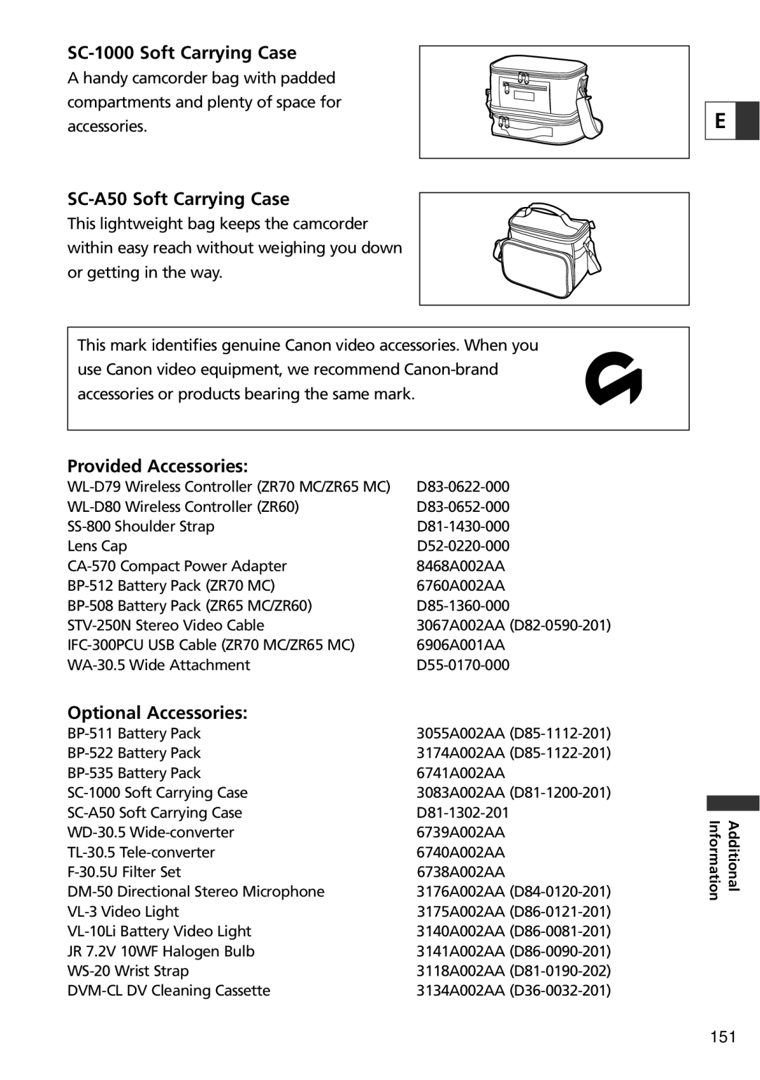 Canon ZR60, ZR65 MC SC-1000 Soft Carrying Case, SC-A50 Soft Carrying Case, Provided Accessories, Optional Accessories 