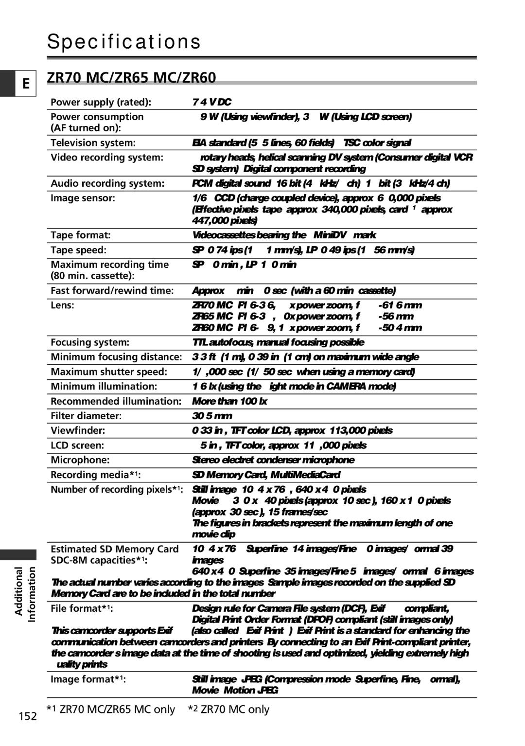 Canon ZR60 instruction manual Specifications, 152 *1 ZR70 MC/ZR65 MC only *2 ZR70 MC only 