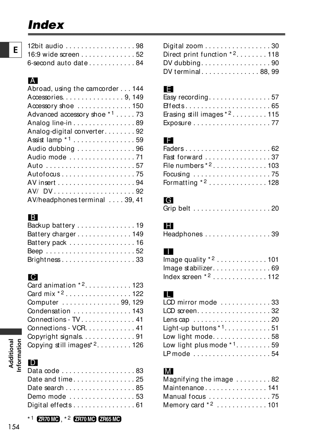 Canon ZR60, ZR65 MC, ZR70 MC instruction manual Index 