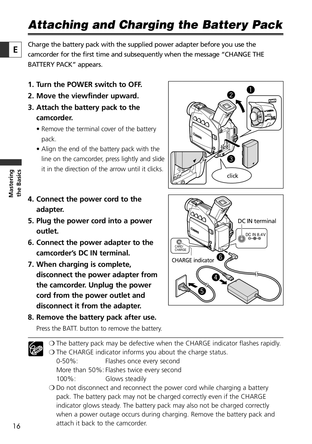 Canon ZR60, ZR65 MC, ZR70 MC instruction manual Attaching and Charging the Battery Pack, Remove the battery pack after use 