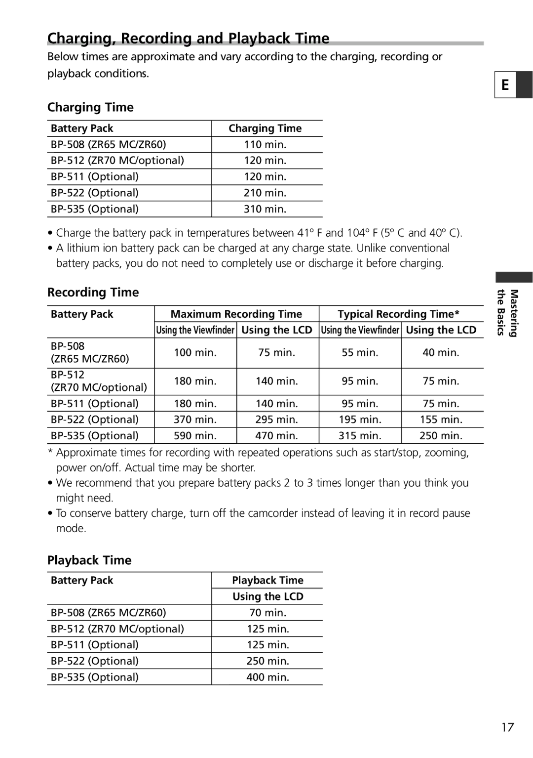 Canon ZR70 MC, ZR65 MC, ZR60 instruction manual Charging, Recording and Playback Time, Charging Time, Recording Time 