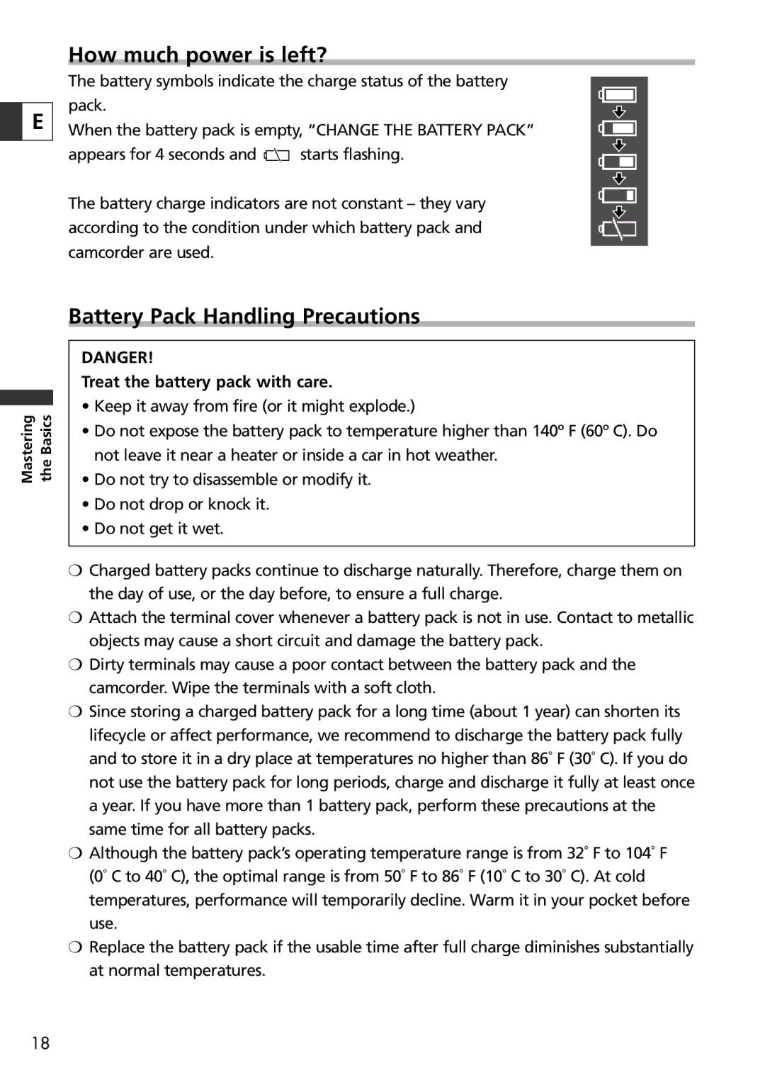 Canon ZR65 MC, ZR60, ZR70 MC instruction manual How much power is left?, Battery Pack Handling Precautions 