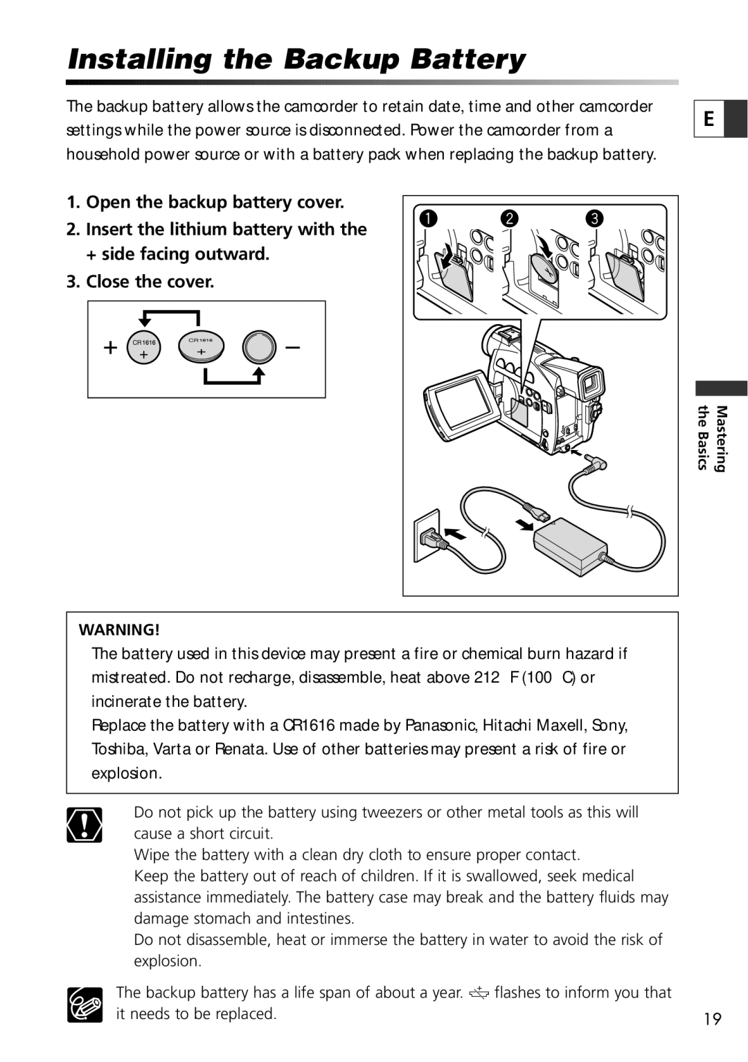 Canon ZR60, ZR65 MC, ZR70 MC instruction manual Installing the Backup Battery 