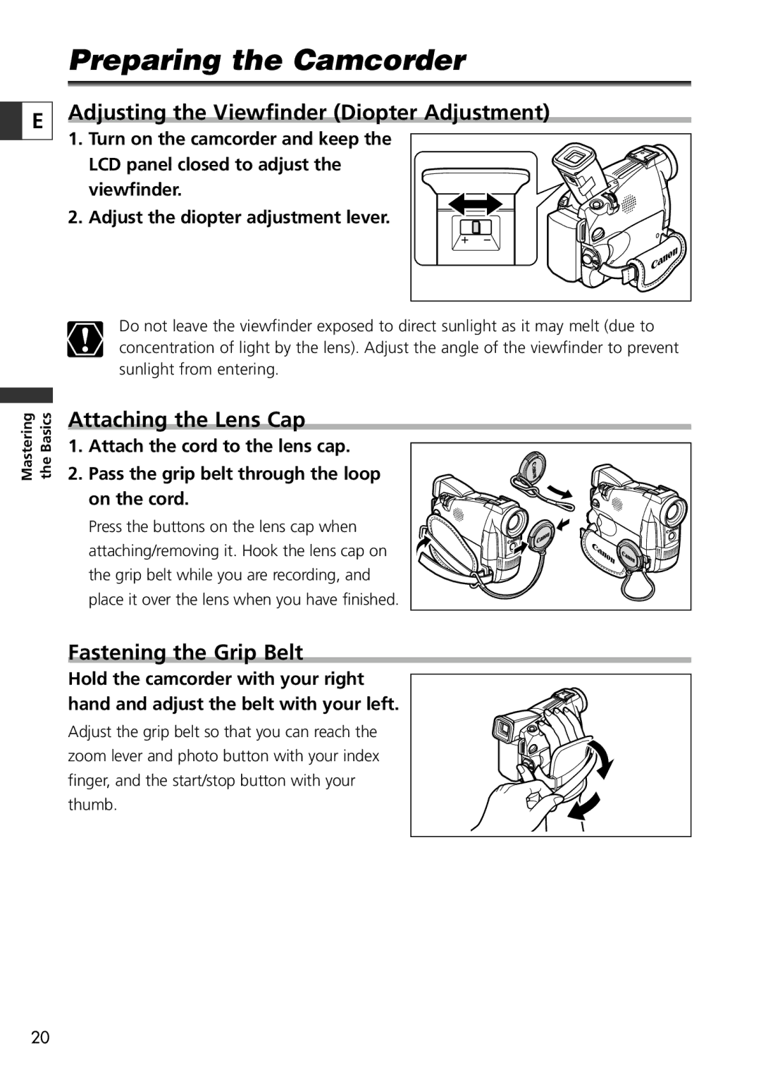 Canon ZR70 MC, ZR65 MC, ZR60 Preparing the Camcorder, Adjusting the Viewfinder Diopter Adjustment, Attaching the Lens Cap 