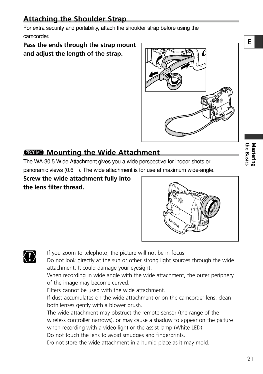 Canon ZR65 MC, ZR60 instruction manual Attaching the Shoulder Strap, ZR70 MC Mounting the Wide Attachment 