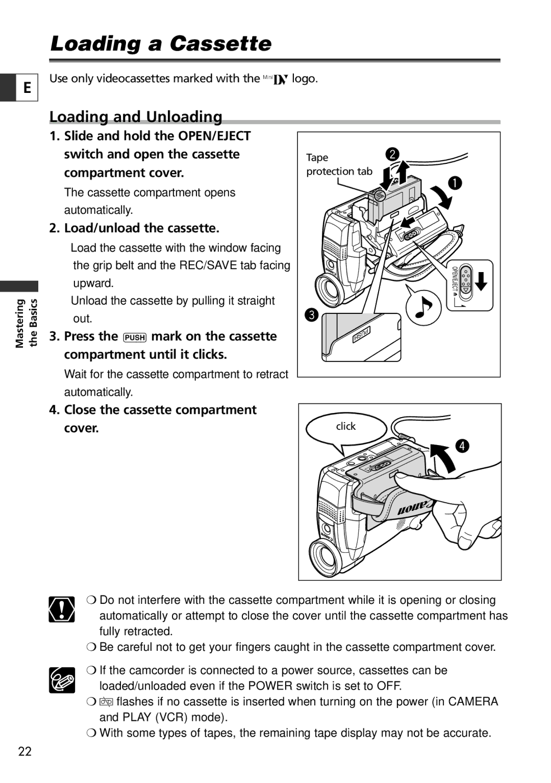 Canon ZR60, ZR65 MC, ZR70 MC instruction manual Loading a Cassette, Loading and Unloading 