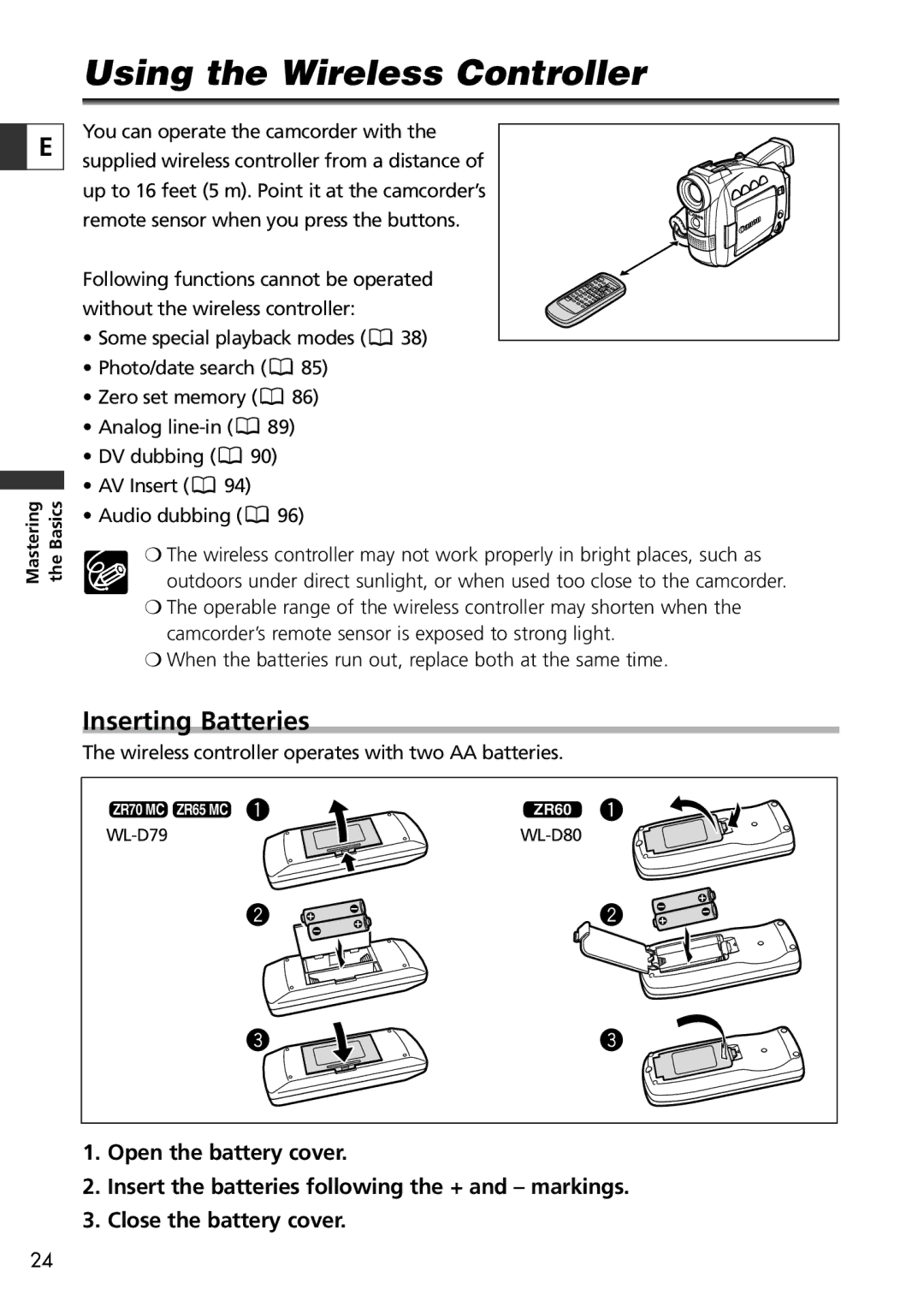 Canon ZR65 MC, ZR60, ZR70 MC instruction manual Using the Wireless Controller, Inserting Batteries 