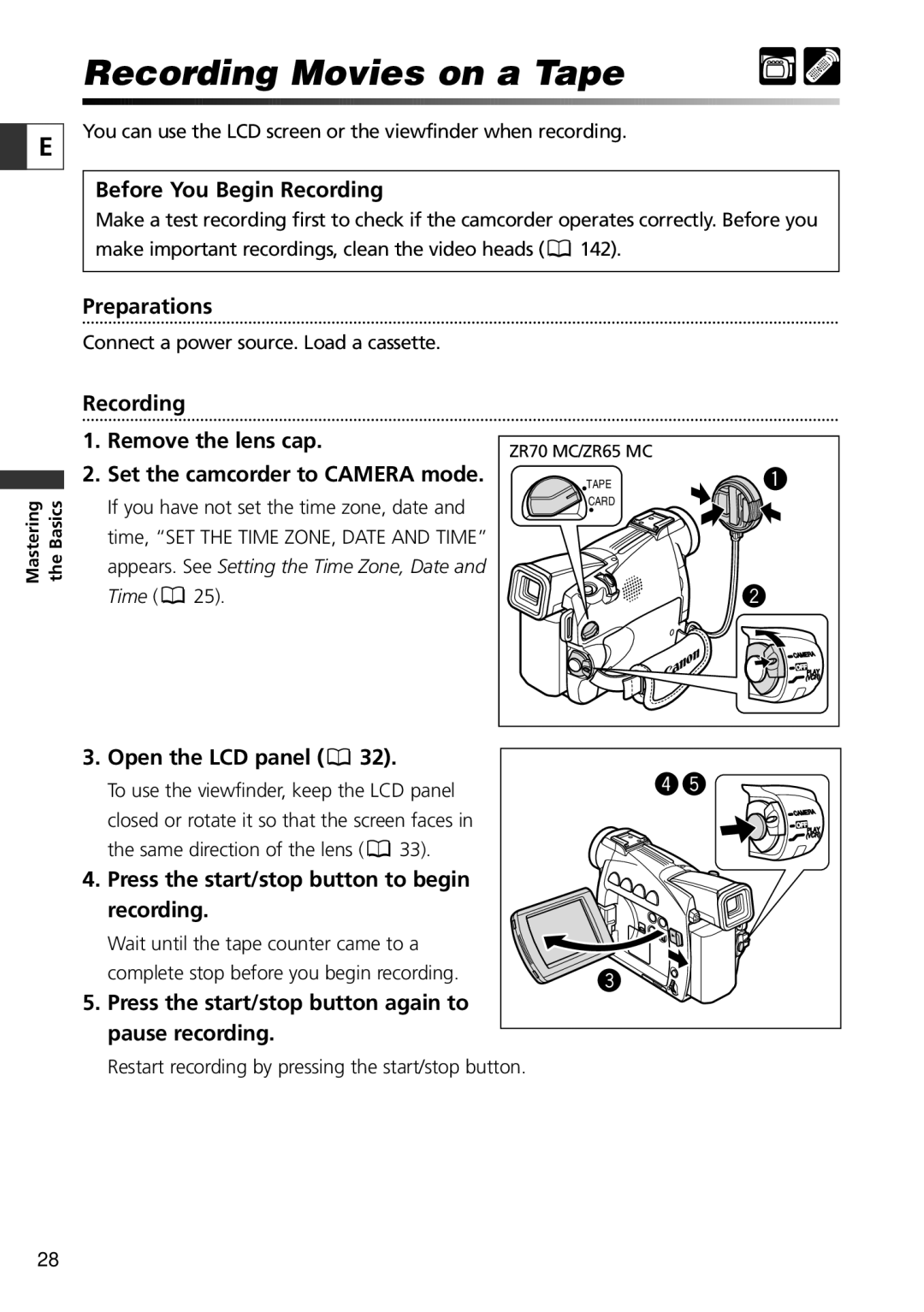 Canon ZR60, ZR65 MC, ZR70 MC instruction manual Recording Movies on a Tape 