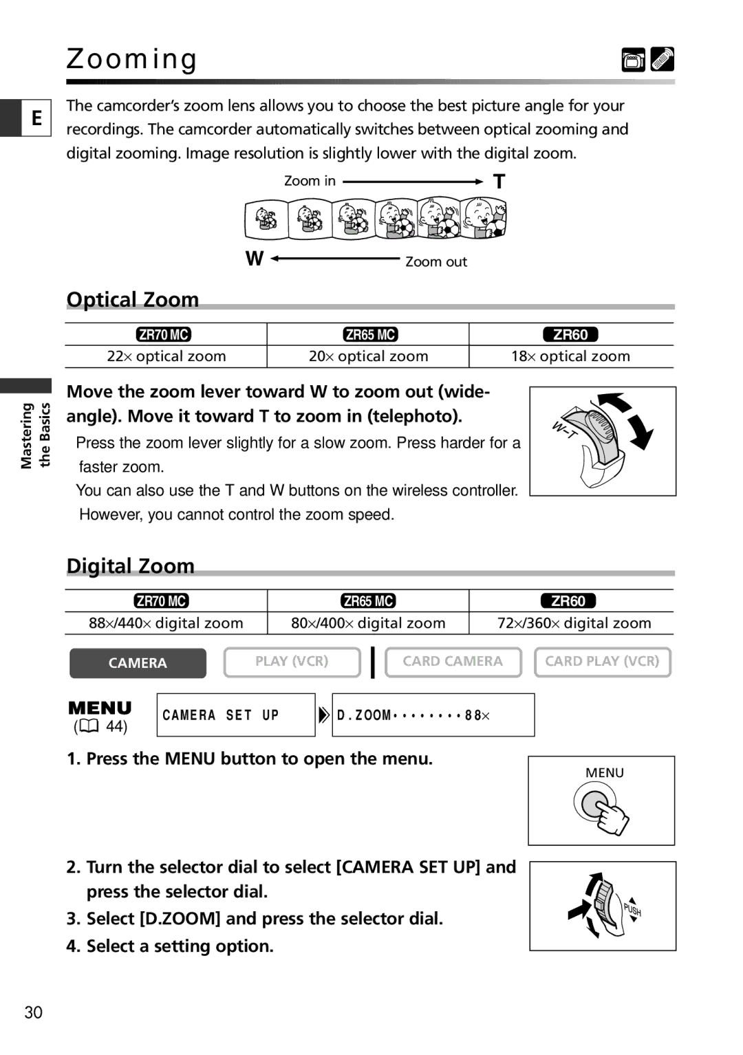 Canon ZR65 MC, ZR60, ZR70 MC instruction manual Zooming, Optical Zoom, Digital Zoom 