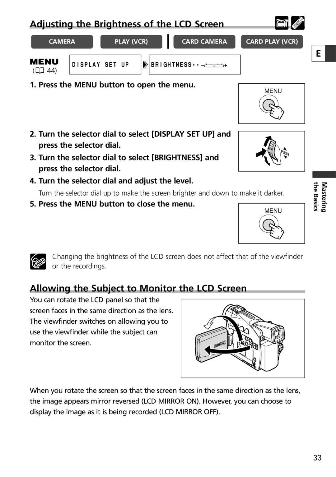 Canon ZR65 MC, ZR60, ZR70 MC Adjusting the Brightness of the LCD Screen, Allowing the Subject to Monitor the LCD Screen 