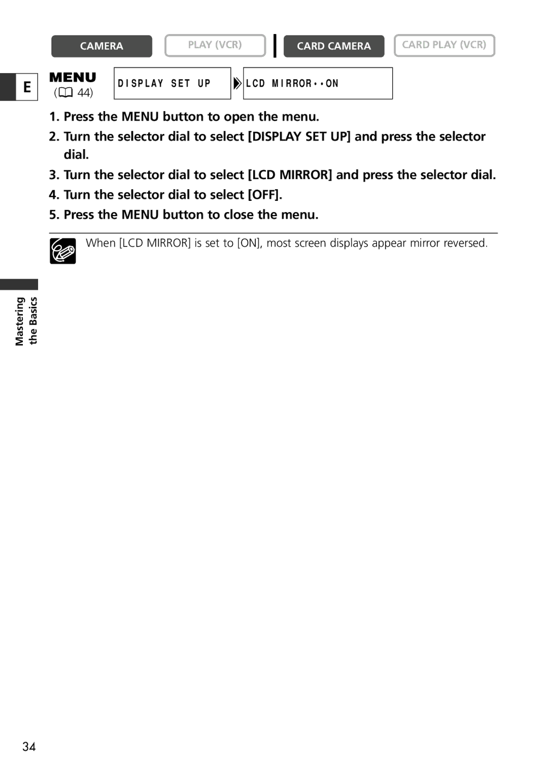 Canon ZR60, ZR65 MC, ZR70 MC instruction manual Display SET UP LCD Mirroron 