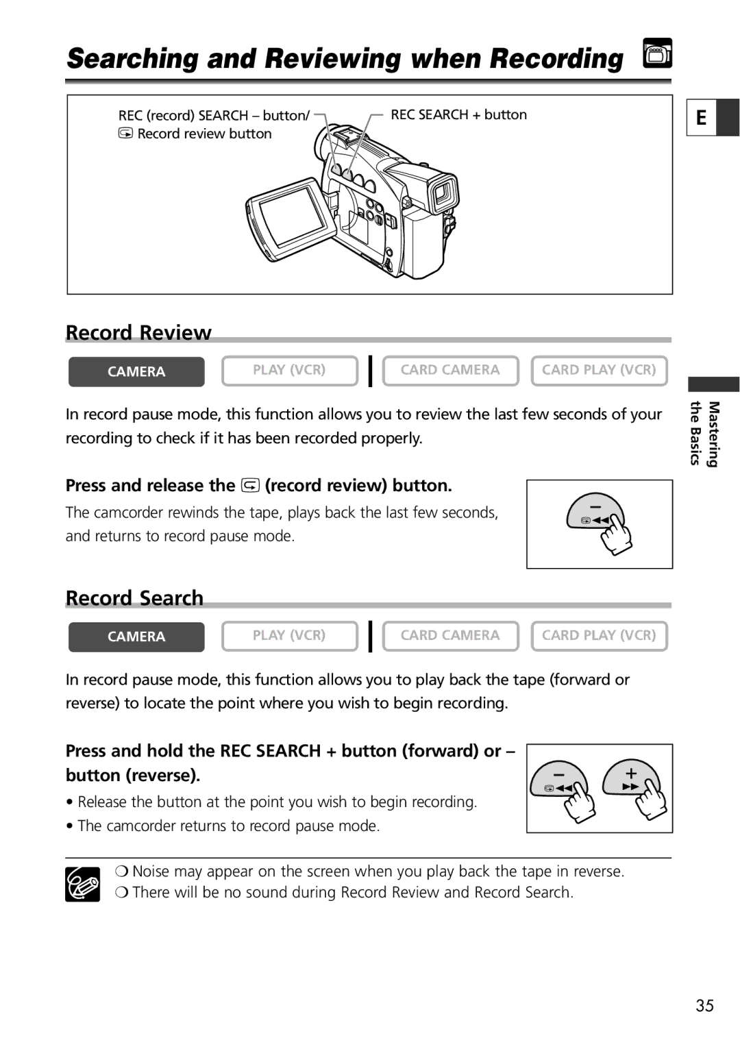 Canon ZR70 MC, ZR65 MC, ZR60 instruction manual Searching and Reviewing when Recording, Record Review, Record Search 