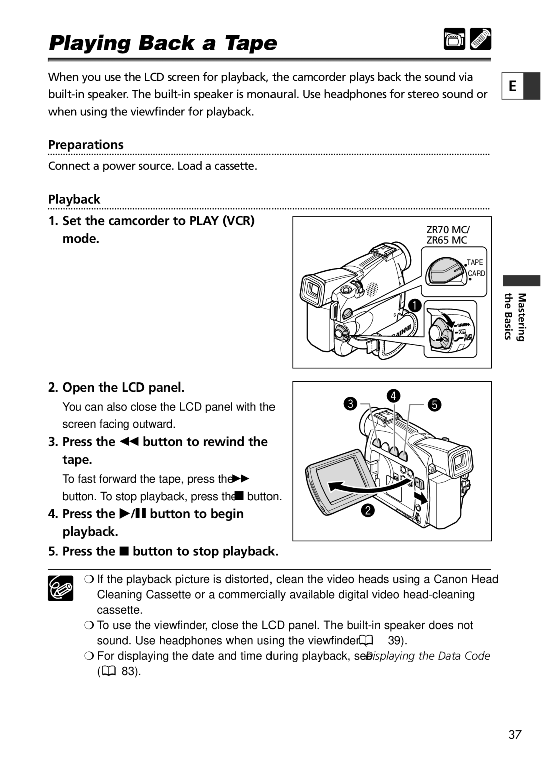 Canon ZR60, ZR65 MC, ZR70 MC instruction manual Playing Back a Tape, Press the ` button to rewind the tape 