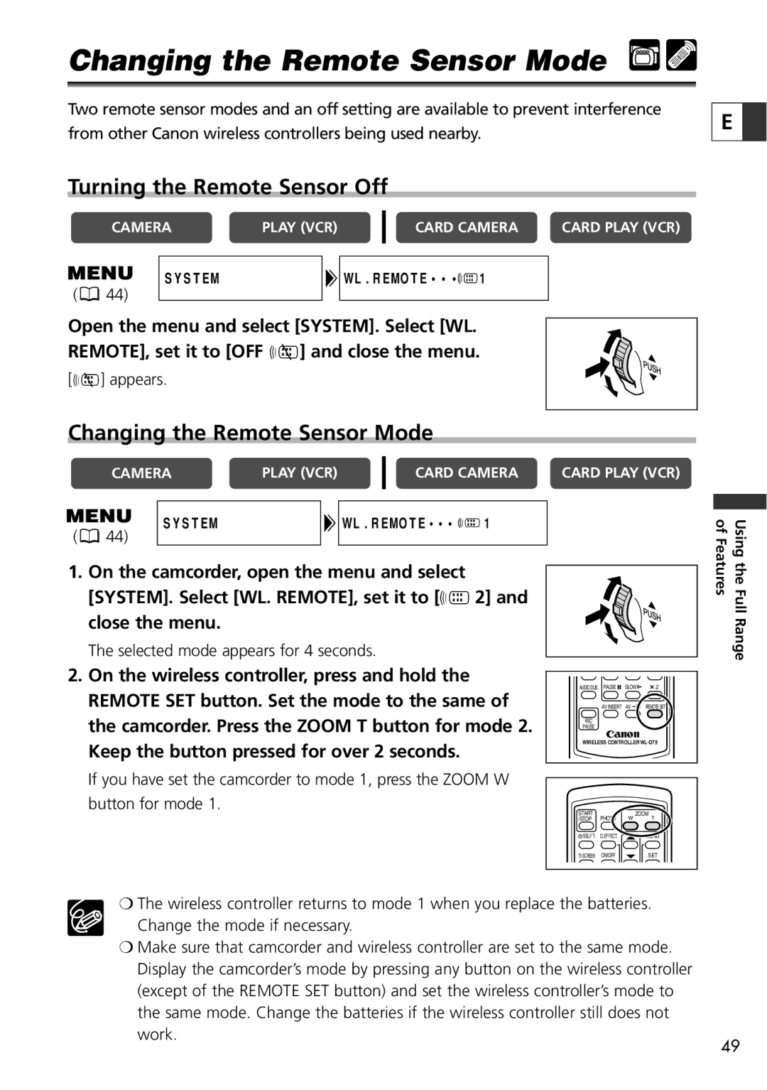 Canon ZR60, ZR65 MC, ZR70 MC instruction manual Changing the Remote Sensor Mode, Turning the Remote Sensor Off 