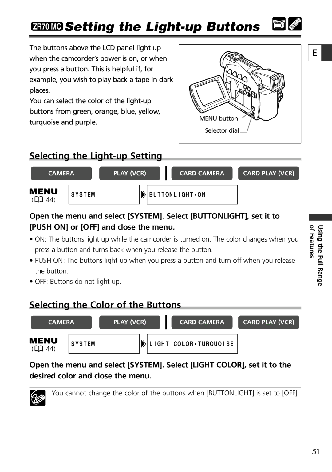 Canon ZR65 MC ZR70 MC Setting the Light-up Buttons, Selecting the Light-up Setting, Selecting the Color of the Buttons 