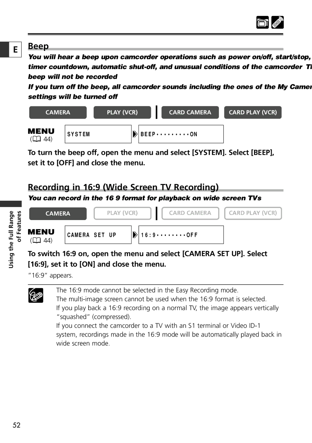 Canon ZR60, ZR65 MC, ZR70 MC instruction manual Other Camcorder Settings, Beep, Recording in 169 Wide Screen TV Recording 