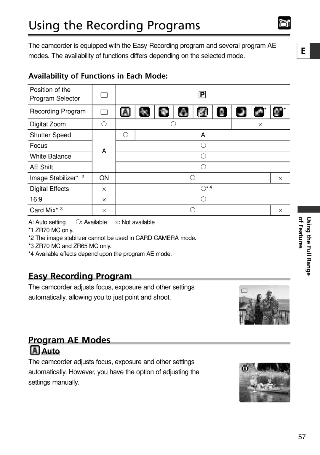 Canon ZR65 MC, ZR60, ZR70 MC instruction manual Using the Recording Programs, Easy Recording Program, Program AE Modes 