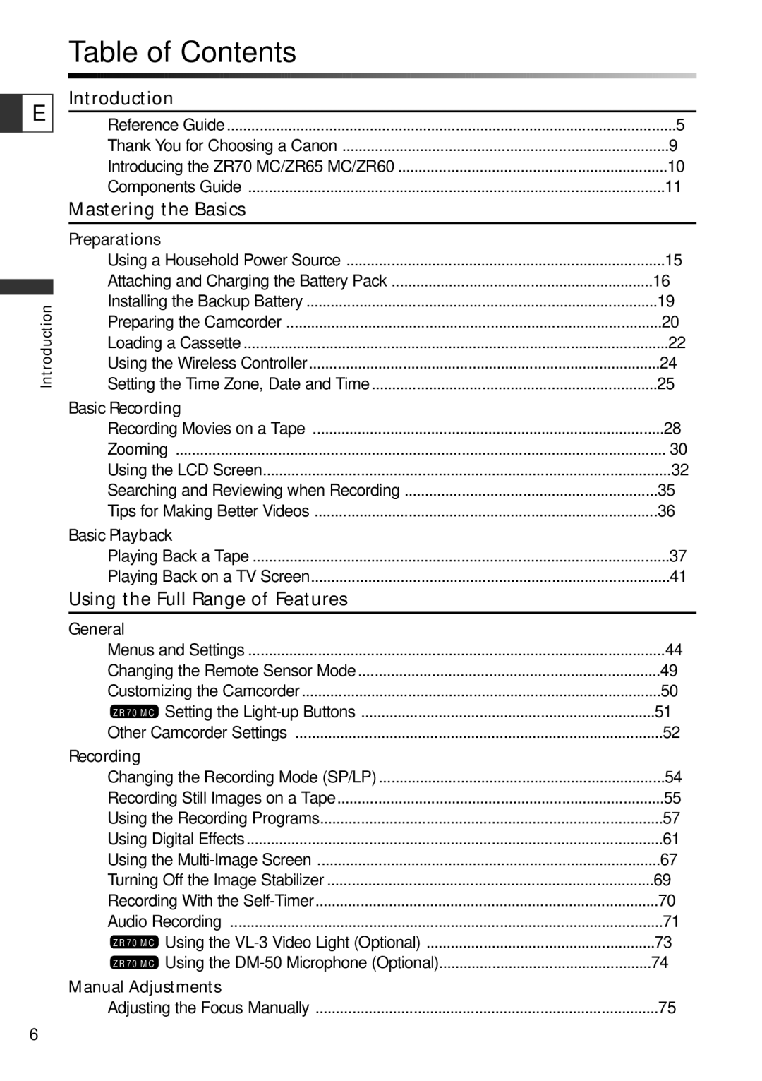 Canon ZR65 MC, ZR60, ZR70 MC instruction manual Table of Contents 