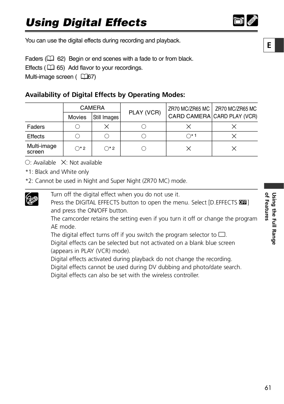 Canon ZR60, ZR65 MC, ZR70 MC instruction manual Using Digital Effects, Availability of Digital Effects by Operating Modes 