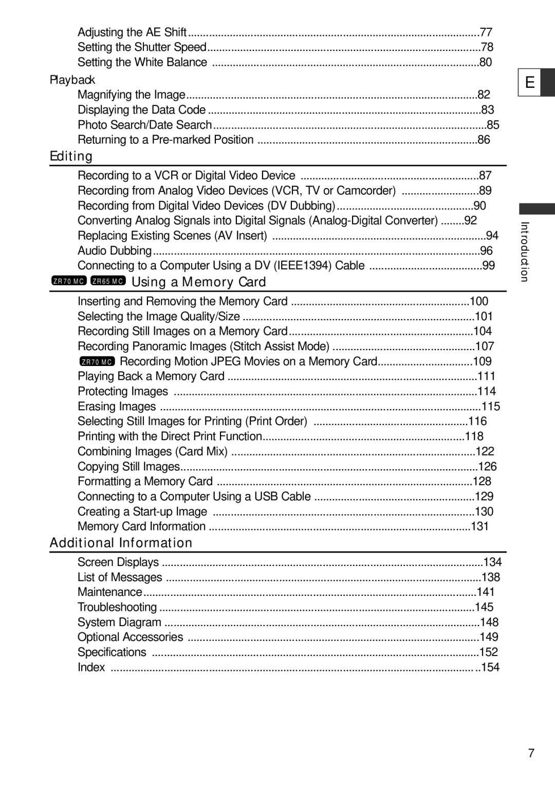 Canon ZR60 instruction manual Editing, ZR70 MC ZR65 MC Using a Memory Card, Additional Information 