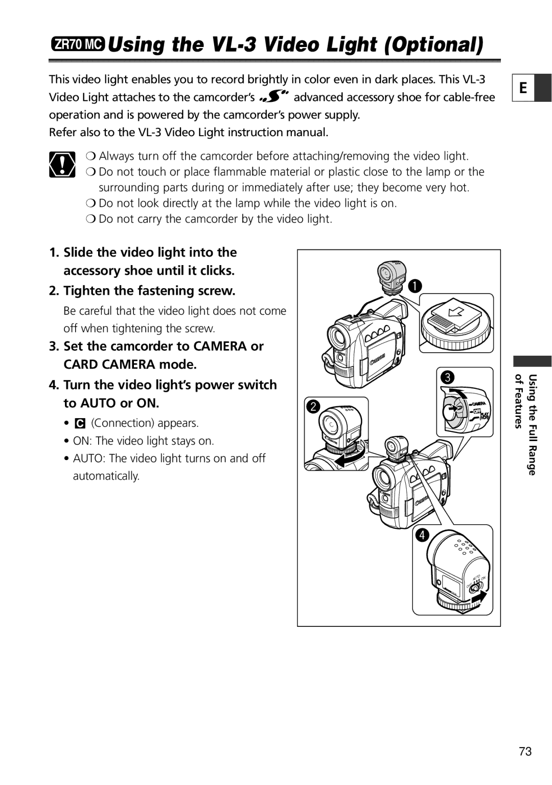 Canon ZR60, ZR65 MC instruction manual ZR70 MC Using the VL-3 Video Light Optional, Tighten the fastening screw 