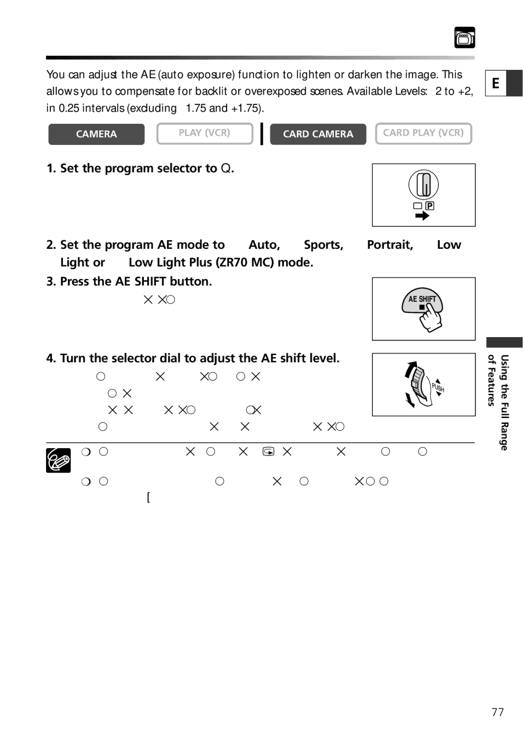 Canon ZR70 MC, ZR65 MC, ZR60 instruction manual Adjusting the AE Shift, Turn the selector dial to adjust the AE shift level 