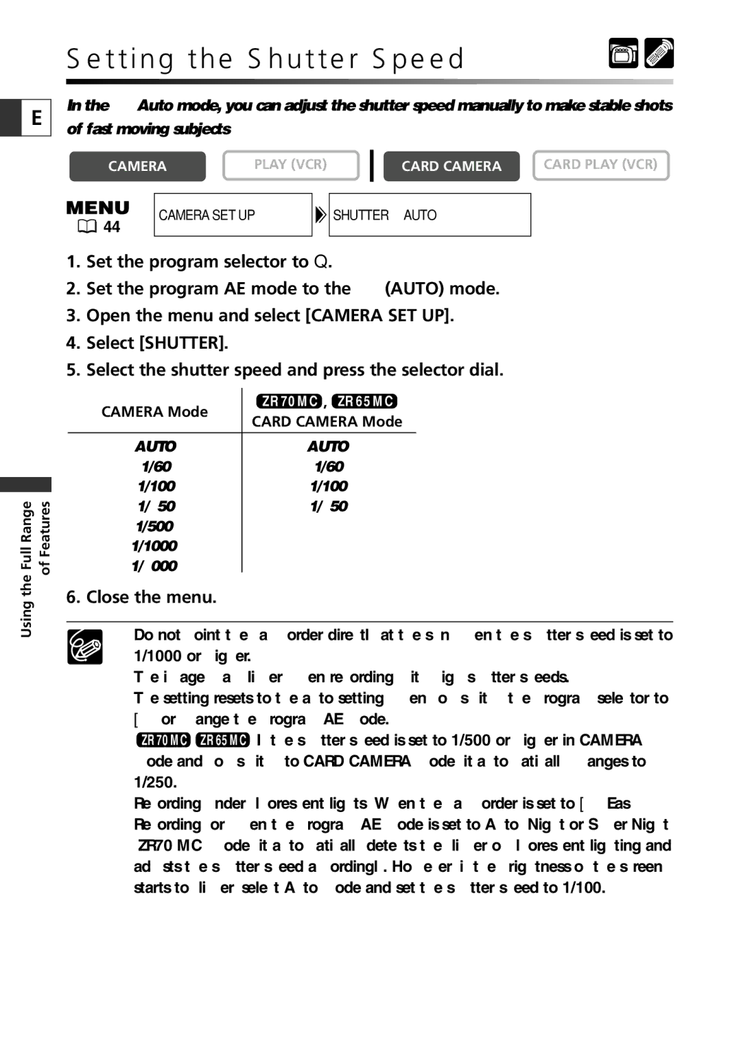 Canon ZR65 MC, ZR60, ZR70 MC instruction manual Setting the Shutter Speed, Close the menu 