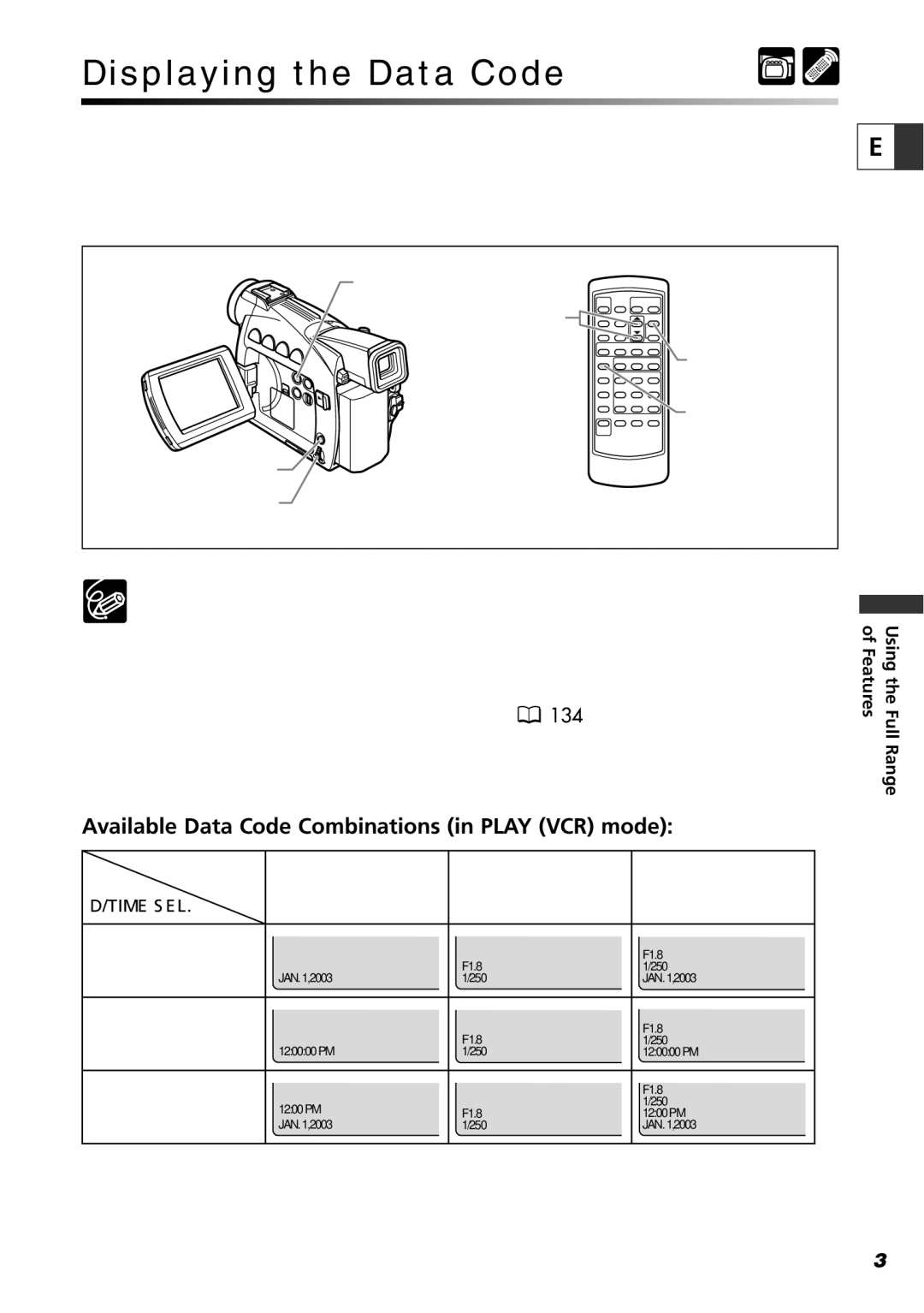 Canon ZR70 MC, ZR65 MC, ZR60 instruction manual Displaying the Data Code, Available Data Code Combinations in Play VCR mode 