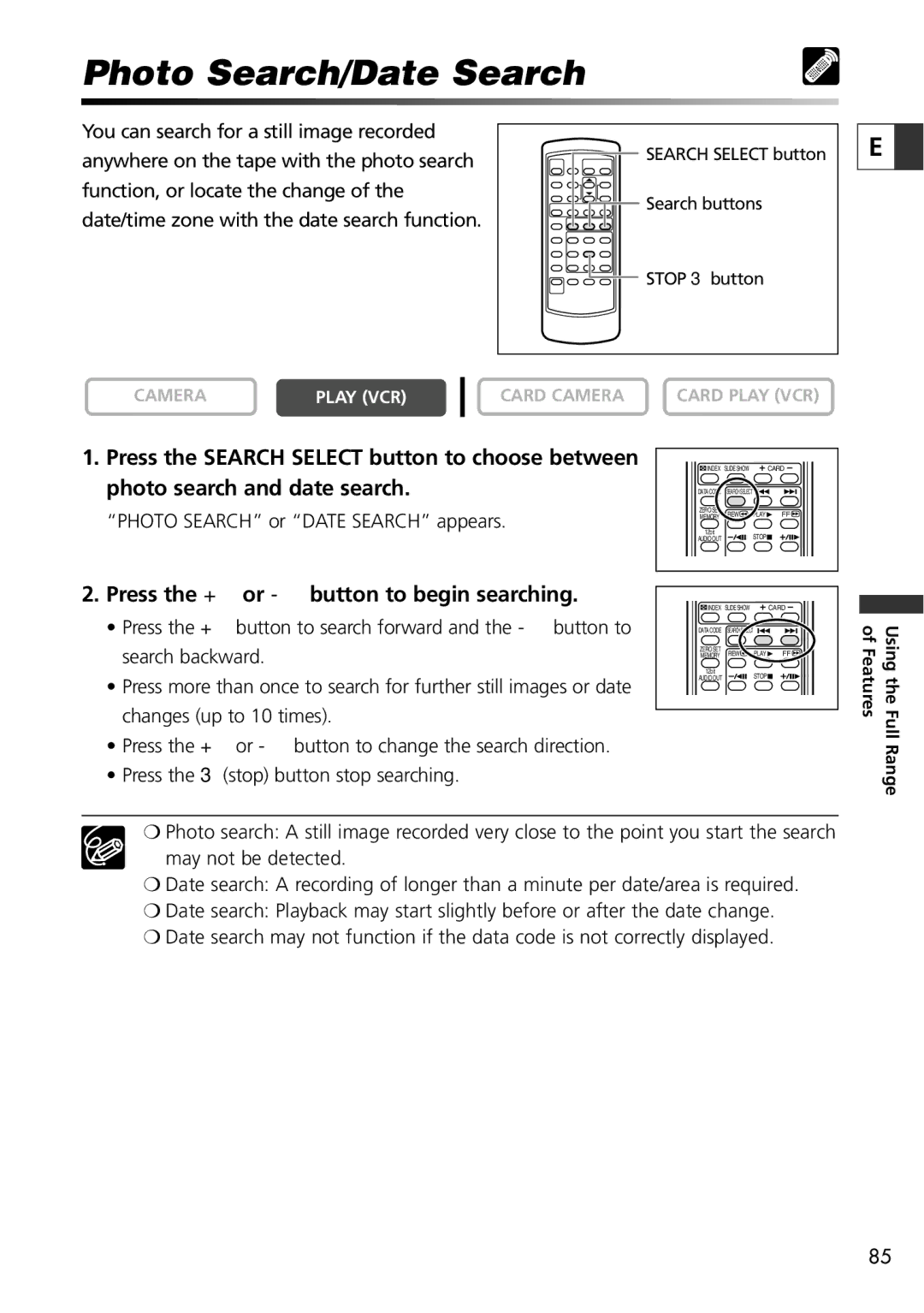 Canon ZR60, ZR65 MC, ZR70 MC instruction manual Photo Search/Date Search, Press the + or button to begin searching 