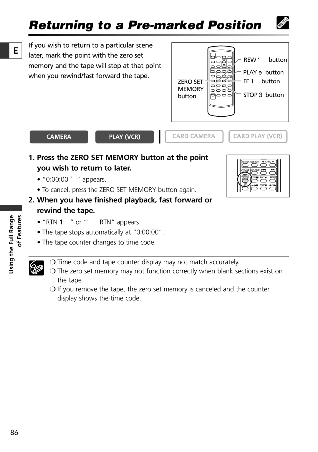 Canon ZR70 MC, ZR65 MC, ZR60 instruction manual Returning to a Pre-marked Position 