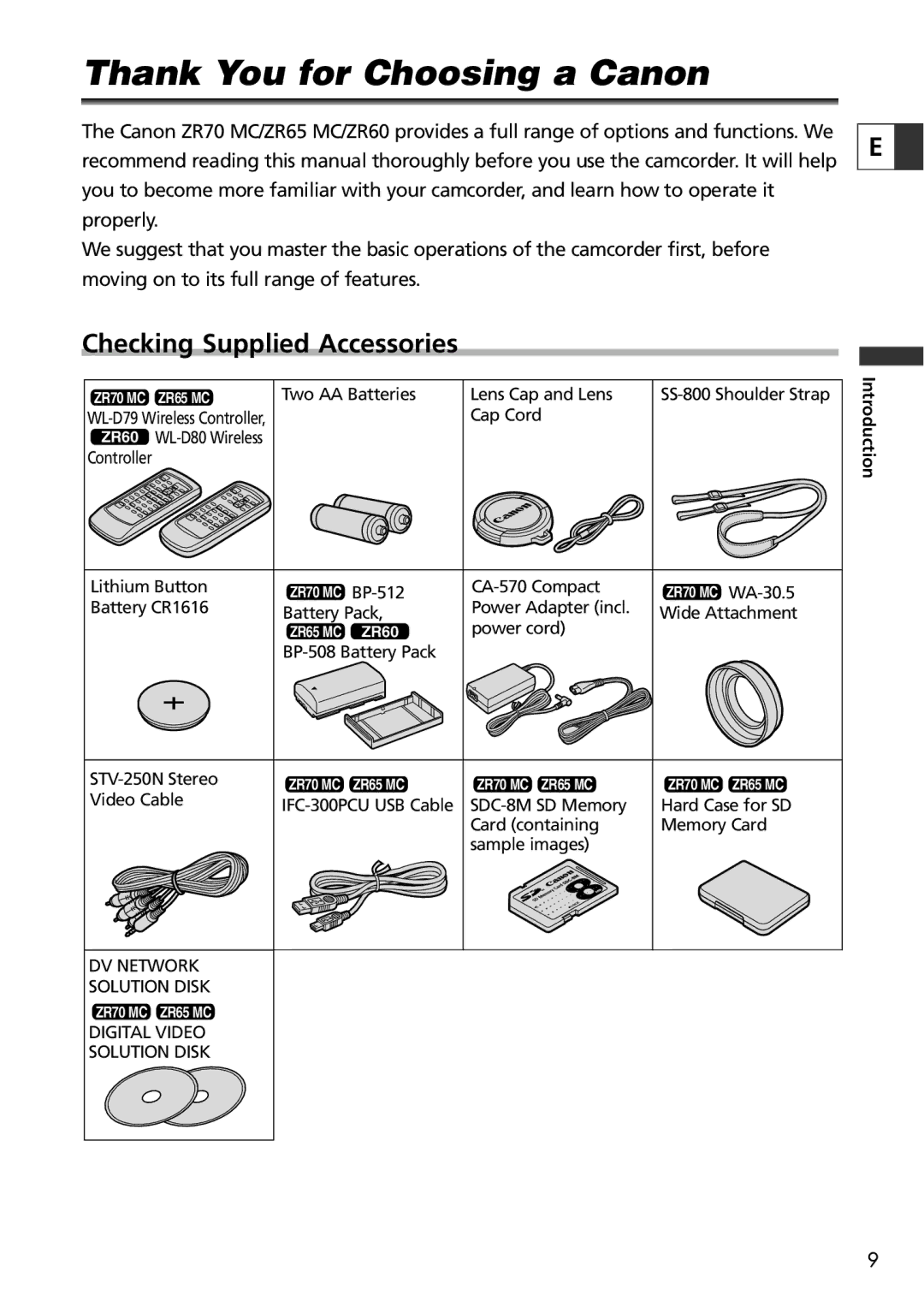 Canon ZR65 MC, ZR60, ZR70 MC instruction manual Thank You for Choosing a Canon, Checking Supplied Accessories 