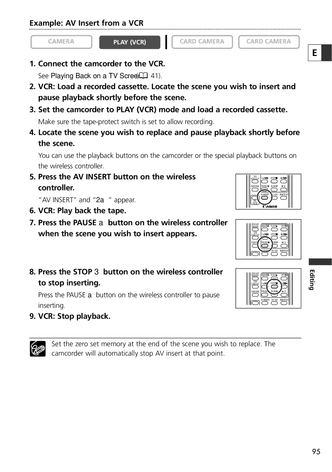 Canon ZR70 MC Example AV Insert from a VCR, Press the AV Insert button on the wireless controller, VCR Play back the tape 