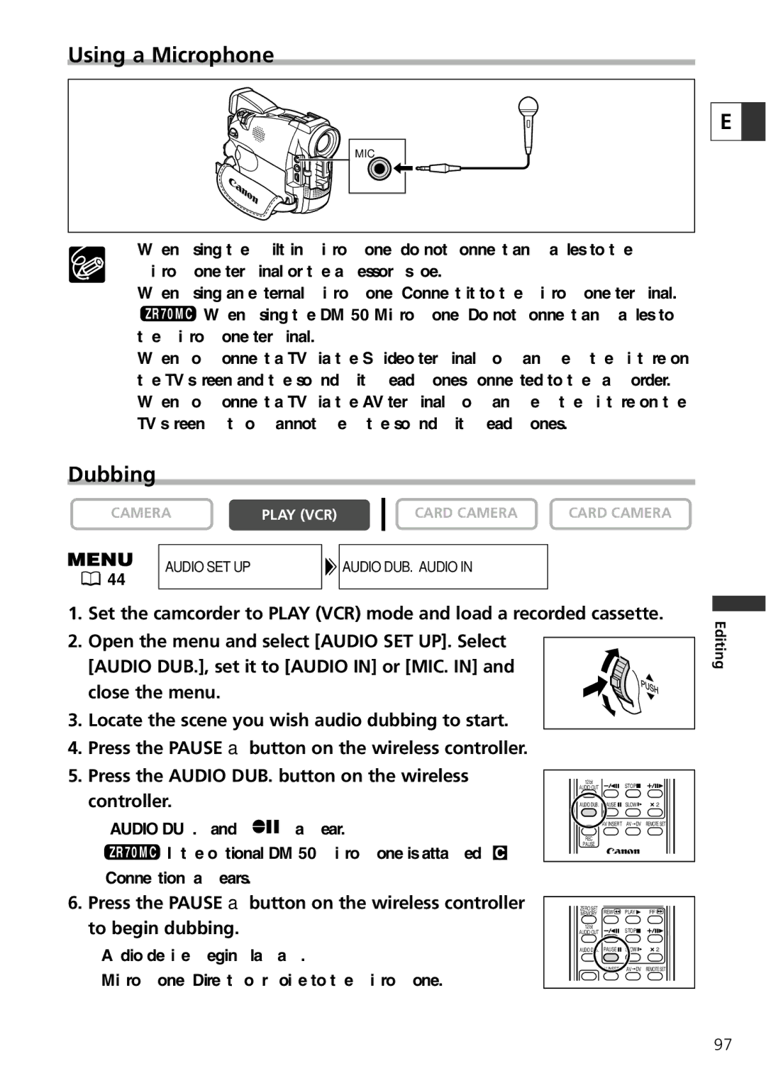 Canon ZR60, ZR65 MC, ZR70 MC instruction manual Using a Microphone, Dubbing 