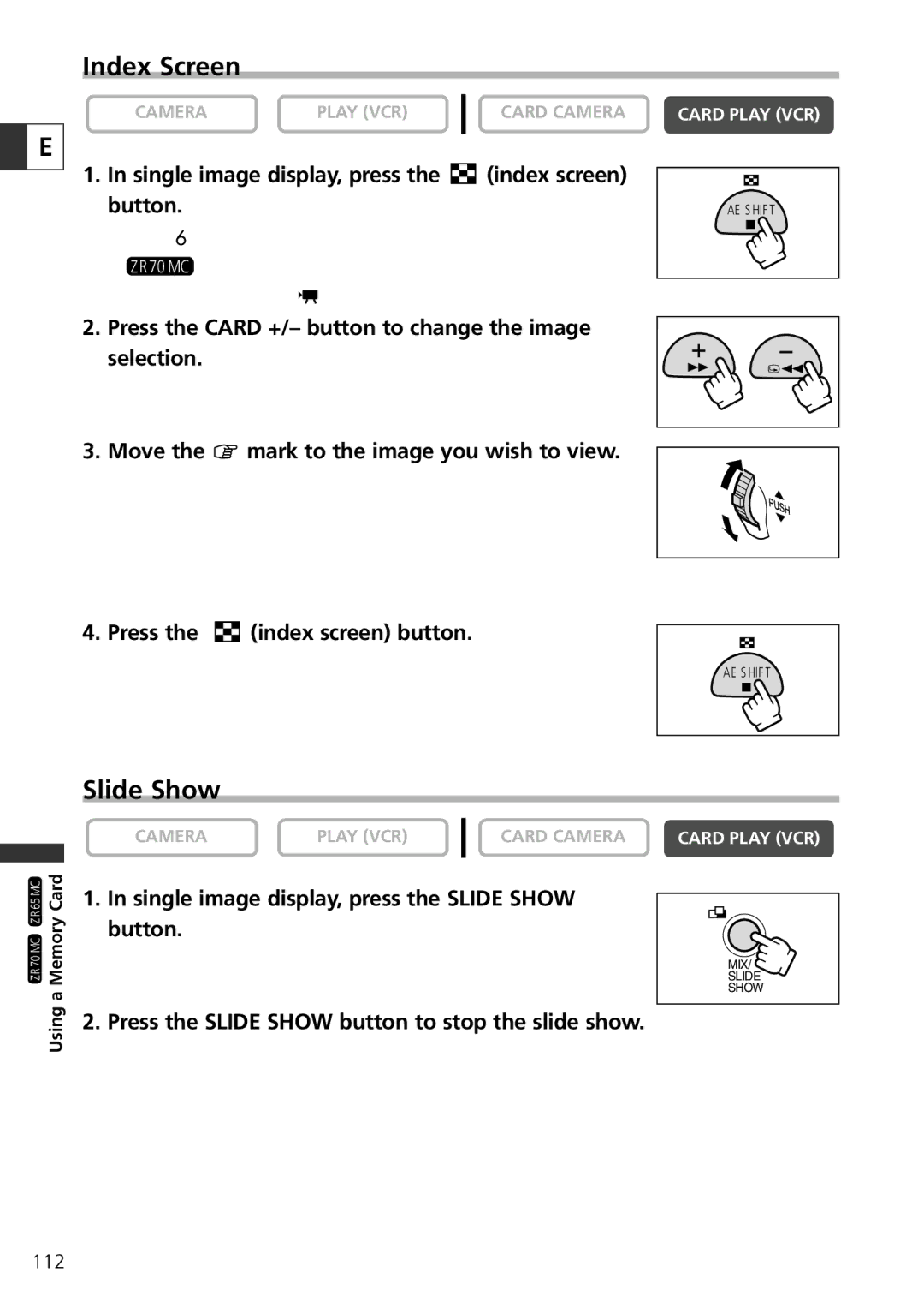 Canon ZR70 MC instruction manual Index Screen, Slide Show 