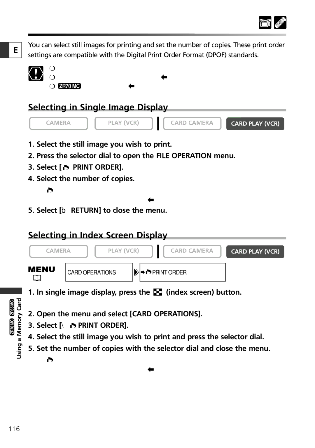 Canon ZR70 MC instruction manual Selecting in Single Image Display, Selecting in Index Screen Display 