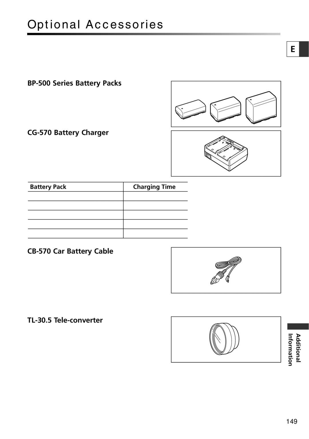 Canon ZR70 MC Optional Accessories, BP-500 Series Battery Packs, CG-570 Battery Charger, CB-570 Car Battery Cable 