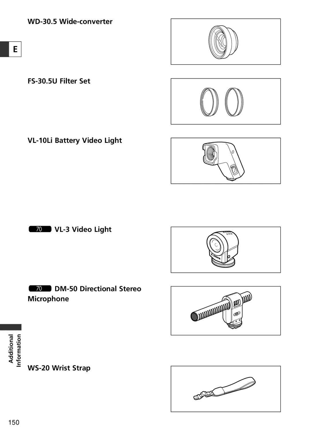 Canon WD-30.5 Wide-converter, FS-30.5U Filter Set, VL-10Li Battery Video Light, ZR70 MC VL-3 Video Light 